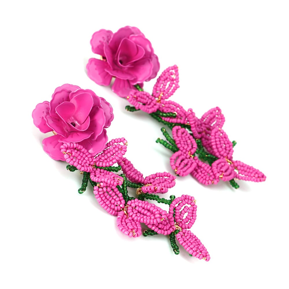 1 Pair Exaggerated Bead Tassel Floral Drop Earrings h5Picture5